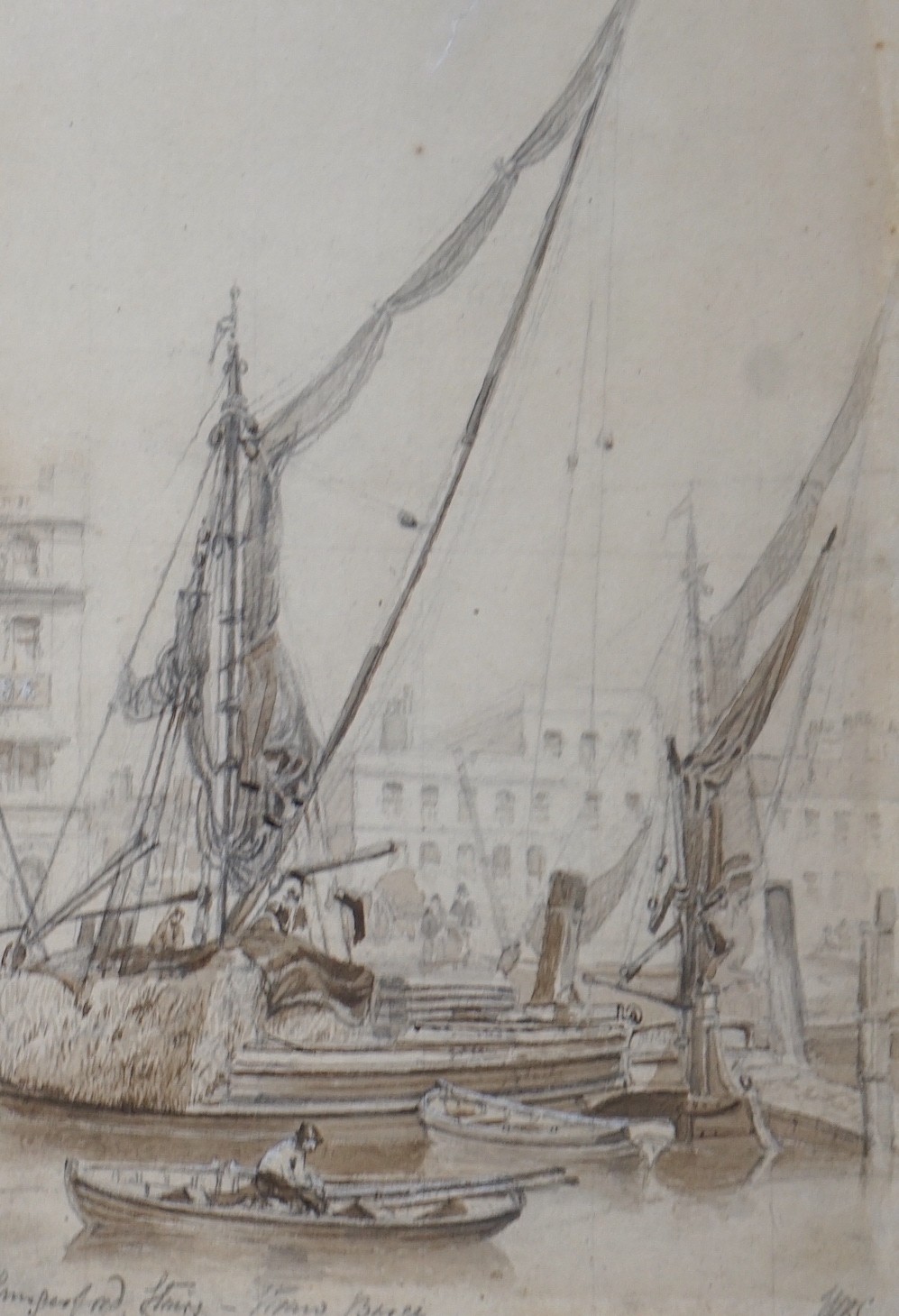 John Wilson Carmichael (1799-1868), pencil and brown wash, 'Hungerford Stairs - Straw Barge', initialled and dated 1847, 23 x 15cm